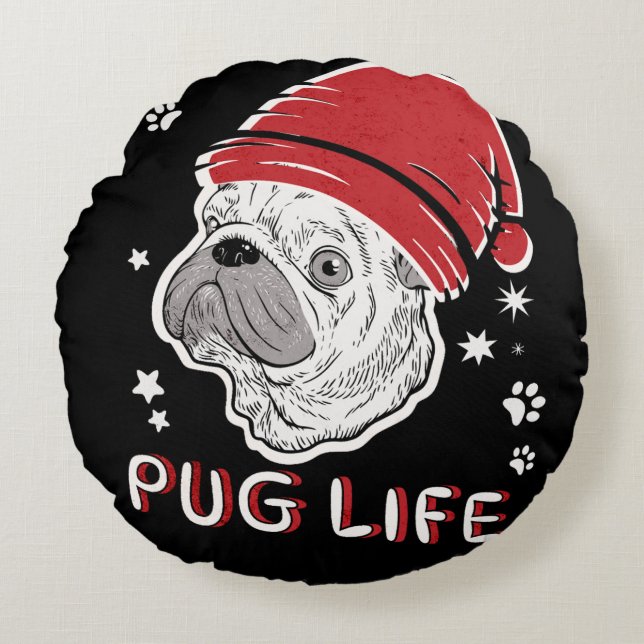 Pug Life Animal Kerstmis Rond Kussen (Voorkant)