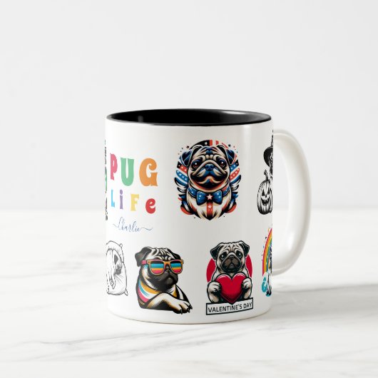 Pug Life Dierenvriend Gift Tweekleurige Koffiemok (Voorkant rechts)
