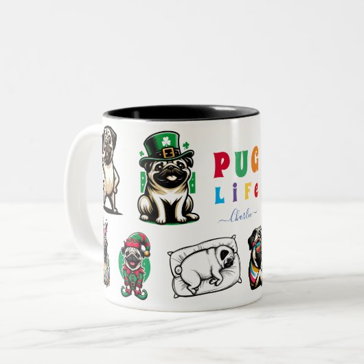 Pug Life Dierenvriend Gift Tweekleurige Koffiemok (Voorkant links)