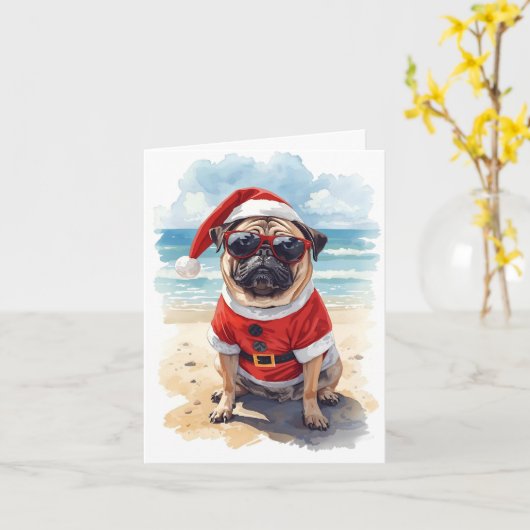 Pug Life, Santa Style – Christmas at the Beach Kaart (Gele Bloem)