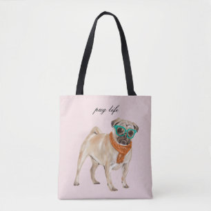Pug Life Text Bewerkbare Hipster Pug met bril Tote Bag