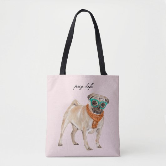 Pug Life Text Bewerkbare Hipster Pug met bril Tote Bag (Voorkant)