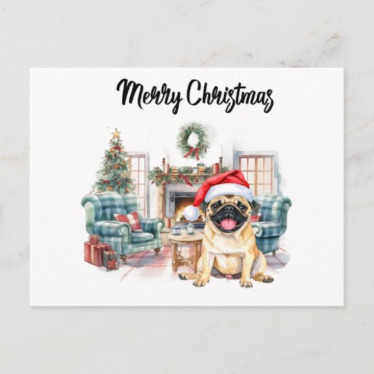 Pug Merry Christmas watercolor Briefkaart (Voorkant)