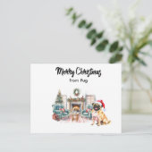 Pug Merry Christmas watercolor Postcard Briefkaart (Staand voorkant)