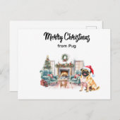 Pug Merry Christmas watercolor Postcard Briefkaart (Voorkant / Achterkant)