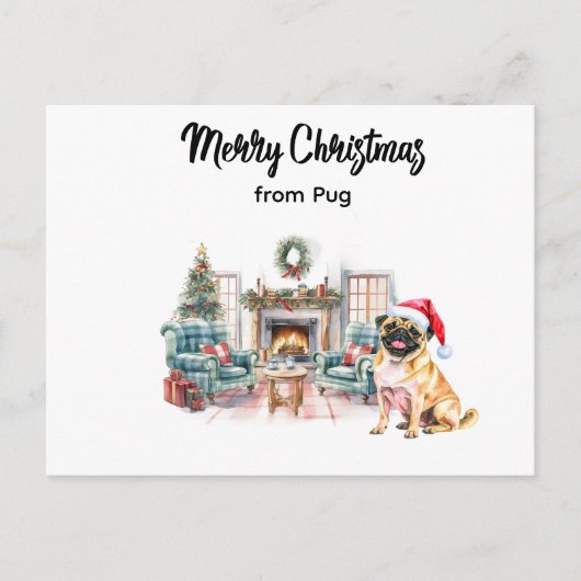 Pug Merry Christmas watercolor Postcard Briefkaart (Voorkant)