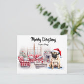 Pug Merry Christmas watercolor Postcard Briefkaart (Staand voorkant)