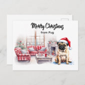 Pug Merry Christmas watercolor Postcard Briefkaart (Voorkant / Achterkant)