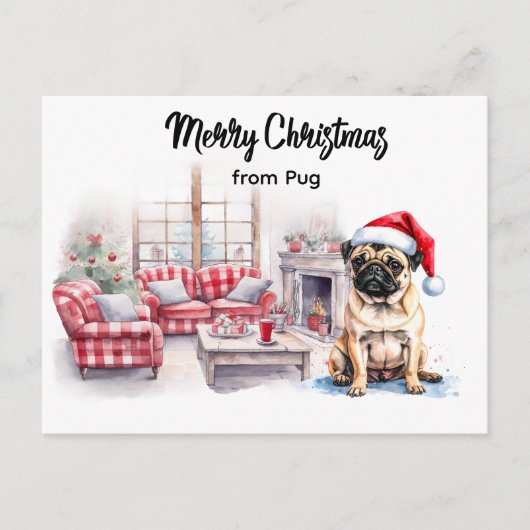 Pug Merry Christmas watercolor Postcard Briefkaart (Voorkant)