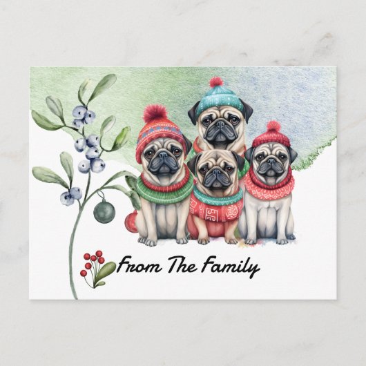 Pug Merry-waterverf voor kerstmis Briefkaart (Voorkant)