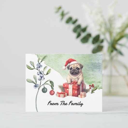 Pug Merry-waterverf voor kerstmis Briefkaart (Staand voorkant)