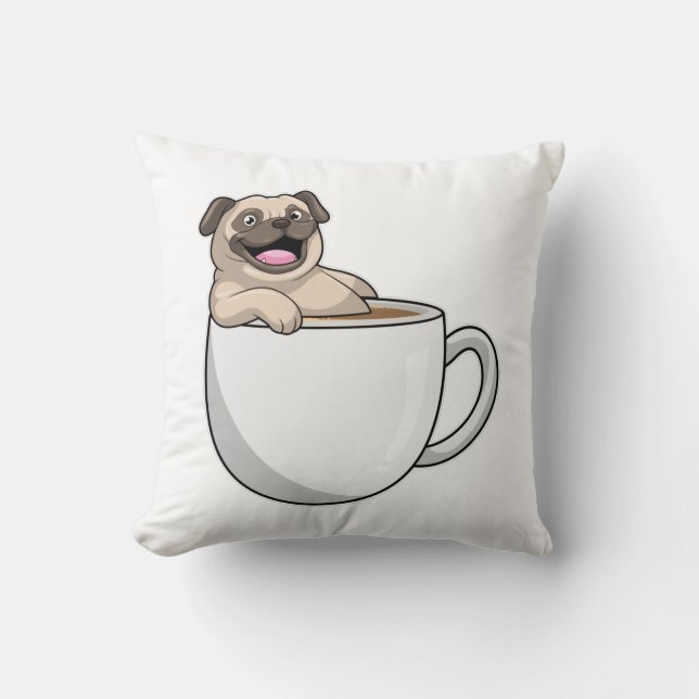 Pug met beker koffie kussen (Voorkant)