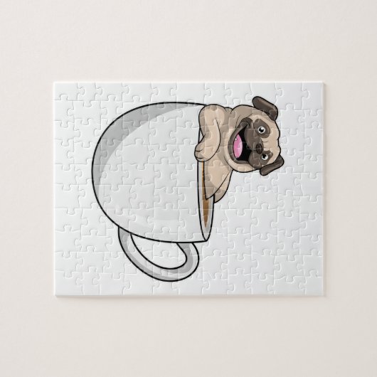 Pug met beker koffie legpuzzel (Horizontaal)