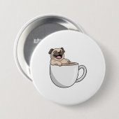 Pug met beker koffie ronde button 7,6 cm (Voorkant /achterkant)