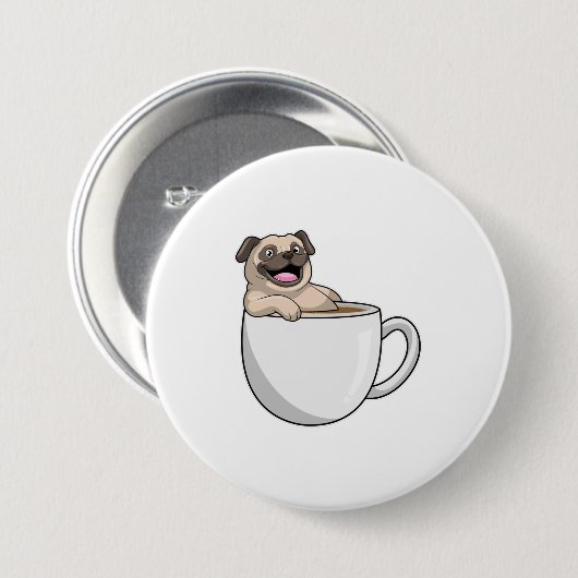 Pug met beker koffie ronde button 7,6 cm (Voorkant /achterkant)
