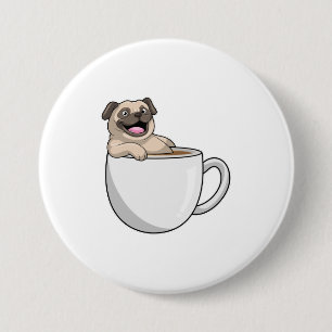 Pug met beker koffie ronde button 7,6 cm