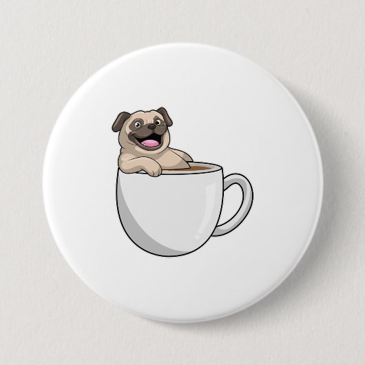 Pug met beker koffie ronde button 7,6 cm (Voorkant)