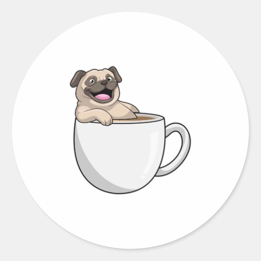 Pug met beker koffie ronde sticker (Voorkant)