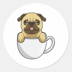Pug met beker koffie ronde sticker