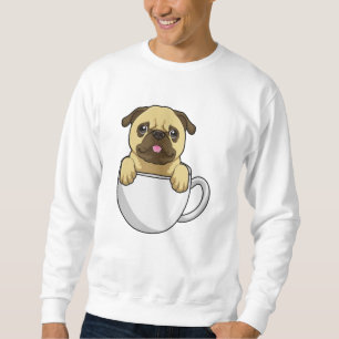 Pug met beker koffie trui