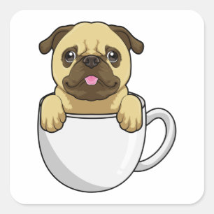 Pug met beker koffie vierkante sticker