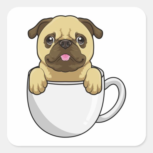 Pug met beker koffie vierkante sticker (Voorkant)