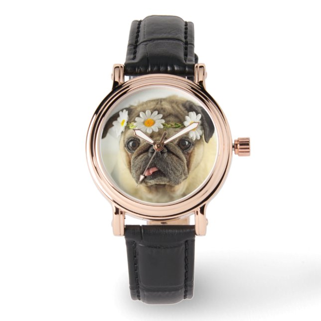 Pug met Daisy Crown Horloge (Voorkant)