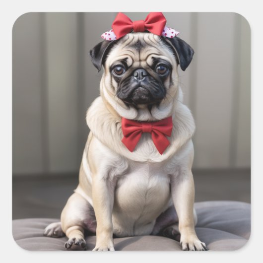 Pug met een boog vierkante sticker (Voorkant)
