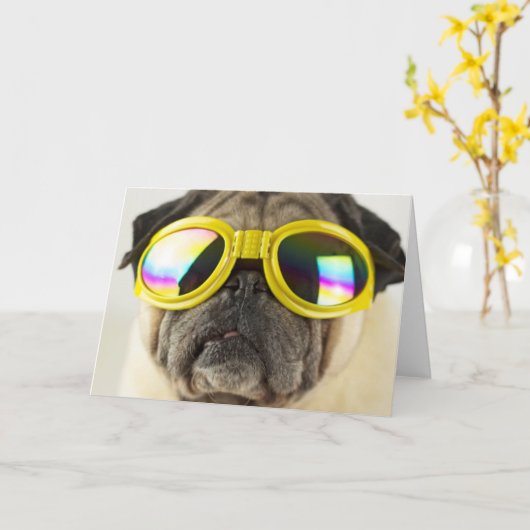 Pug met Goggles Kaart (Gele Bloem)