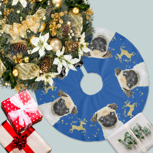 Pug met Gouden Glitter Herten Kerstmis Blauw Kerstboom Rok