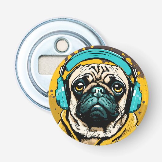 Pug met hoofdtelefoon button flesopener (Voorkant)