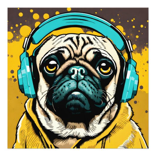 Pug met hoofdtelefoon foto afdruk (Voorkant)