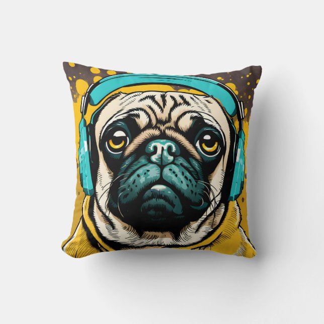 Pug met hoofdtelefoon kussen (Voorkant)