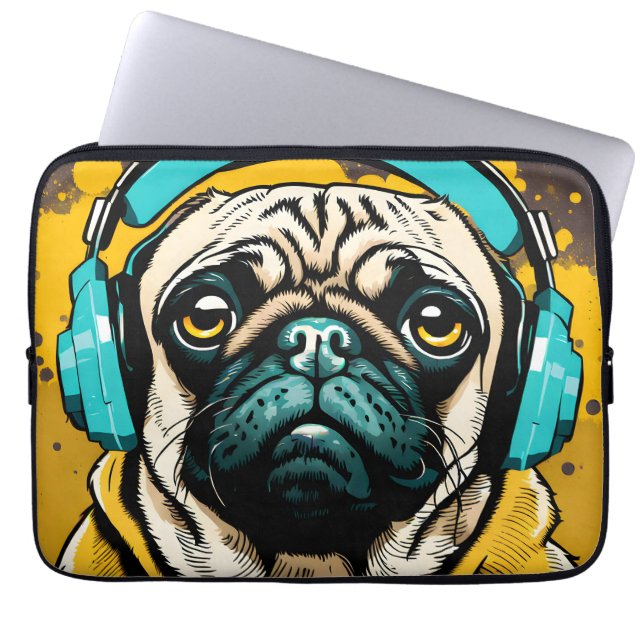 Pug met hoofdtelefoon laptop sleeve (Voorkant)