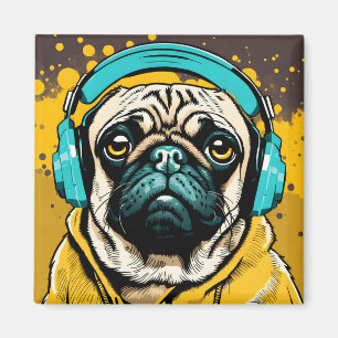 Pug met hoofdtelefoon magneet