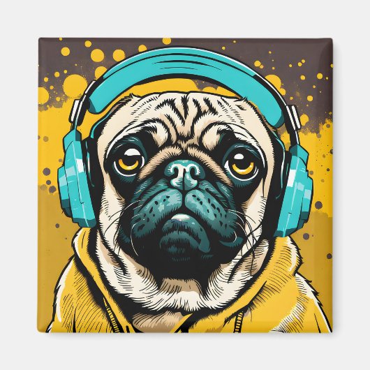 Pug met hoofdtelefoon magneet (Voorkant)