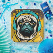 Pug met hoofdtelefoon papieren bordje (Feest)