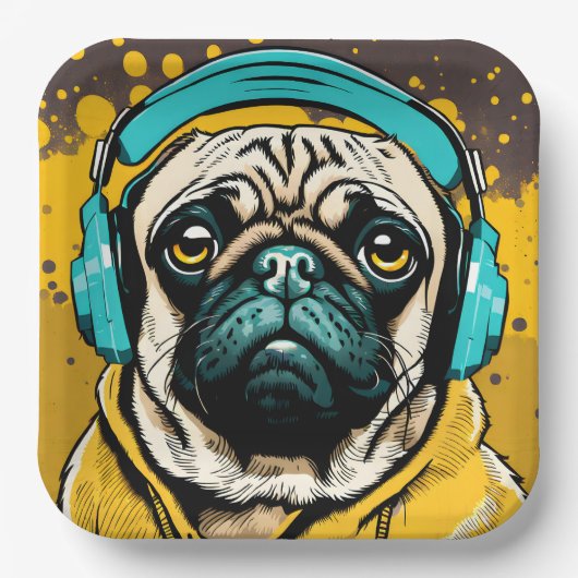 Pug met hoofdtelefoon papieren bordje (Voorkant)