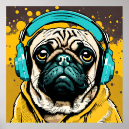 Pug met hoofdtelefoon poster