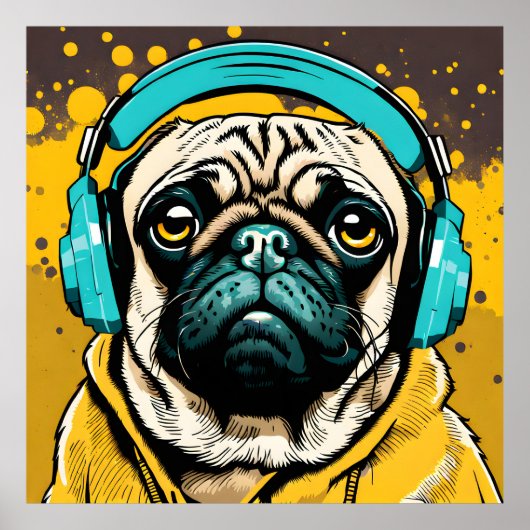 Pug met hoofdtelefoon poster (Voorkant)