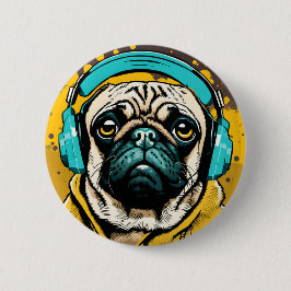 Pug met hoofdtelefoon ronde button 5,7 cm