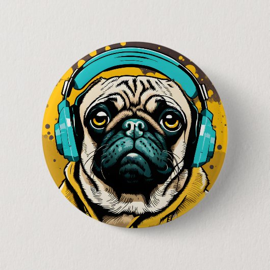 Pug met hoofdtelefoon ronde button 5,7 cm (Voorkant)
