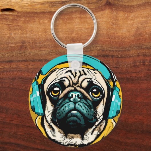 Pug met hoofdtelefoon sleutelhanger (Voorkant)