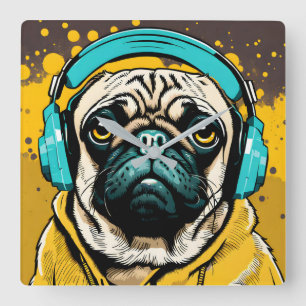 Pug met hoofdtelefoon vierkante klok
