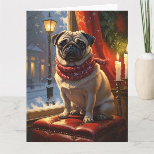 Pug met Kerstlichtjes Vakantie Kaart (Voorkant)