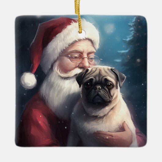 Pug Met Kerstman Feestelijke Kerst Keramisch Ornament (Voorkant)