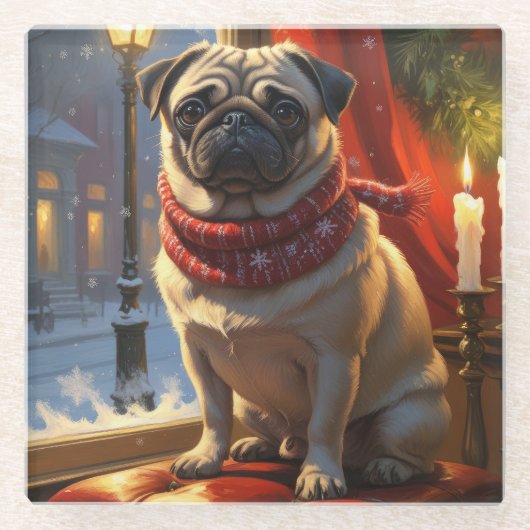 Pug met kerstverlichting vakantie glazen onderzetter (Voorkant)