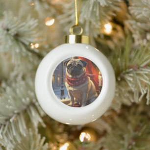 Pug met kerstverlichting vakantie keramische bal ornament
