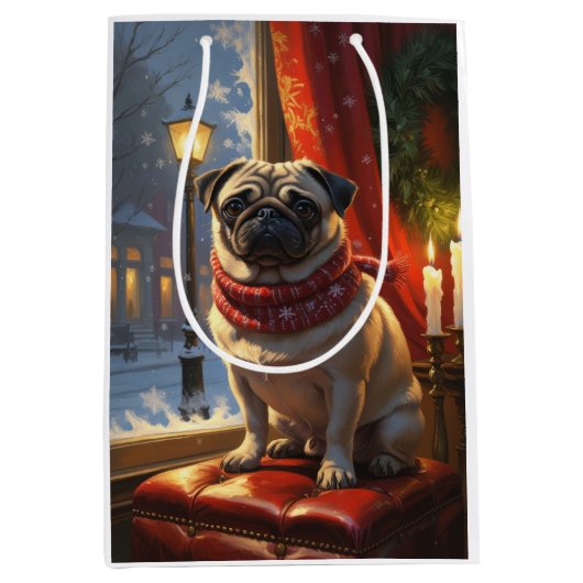 Pug met kerstverlichting vakantie medium cadeauzakje (Voorkant)