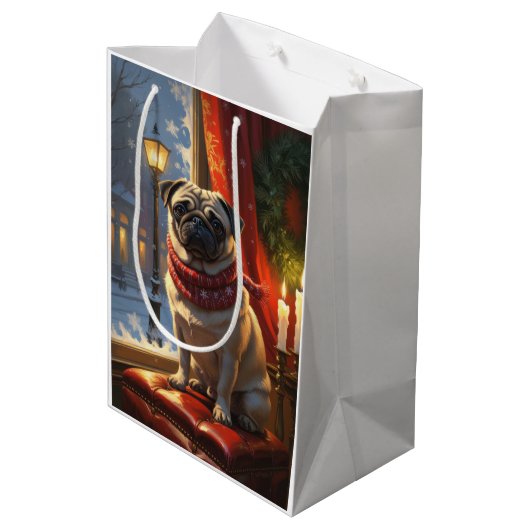Pug met kerstverlichting vakantie medium cadeauzakje (Achterkant Gekanteld)